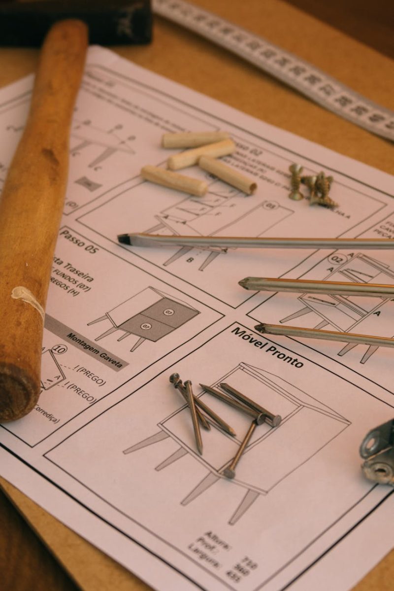 Detailed woodworking tools and instructions on a desk in a workshop, showcasing carpentry essentials.