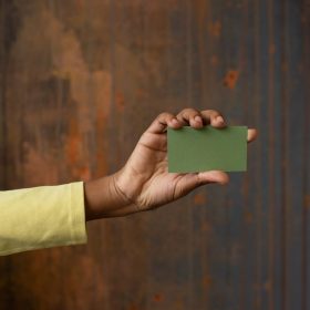 Anonymous African American person showing green blank business card with copy space in hand while standing near wooden wall in studio