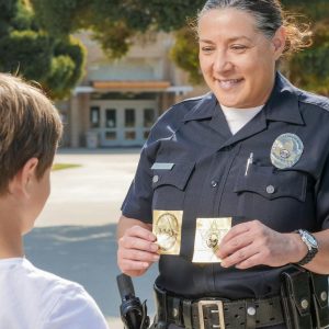 A friendly police officer shows a badge to a young boy in a community setting.