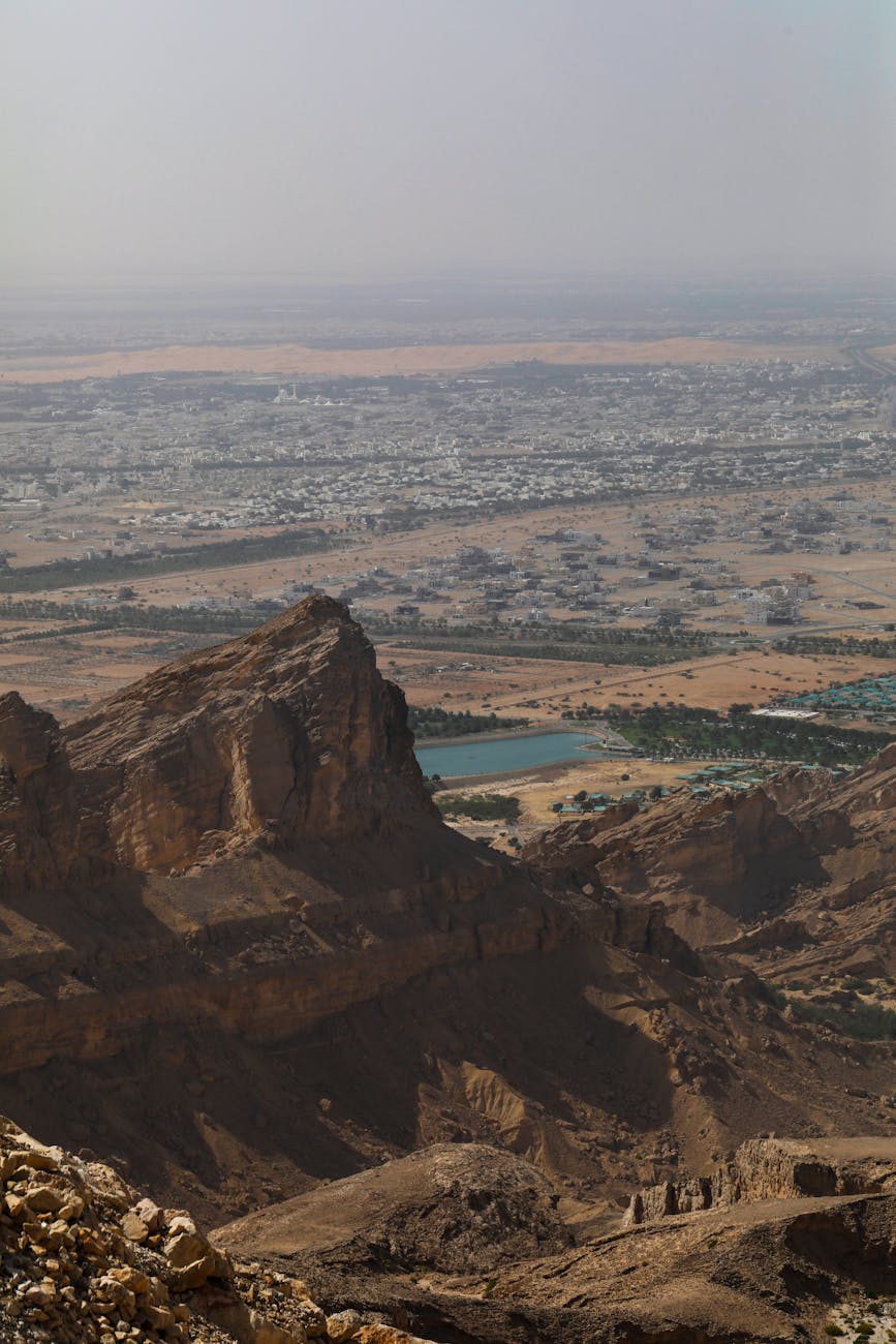 Breathtaking view from the mountains showcasing an arid landscape and a city below.