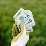 Gloved hand displaying twenty dollar bills with green field background.