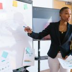 Professional businesswoman explaining budget strategy on a whiteboard during a meeting.