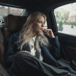 A thoughtful businesswoman sits in a luxurious car, pondering during a ride.